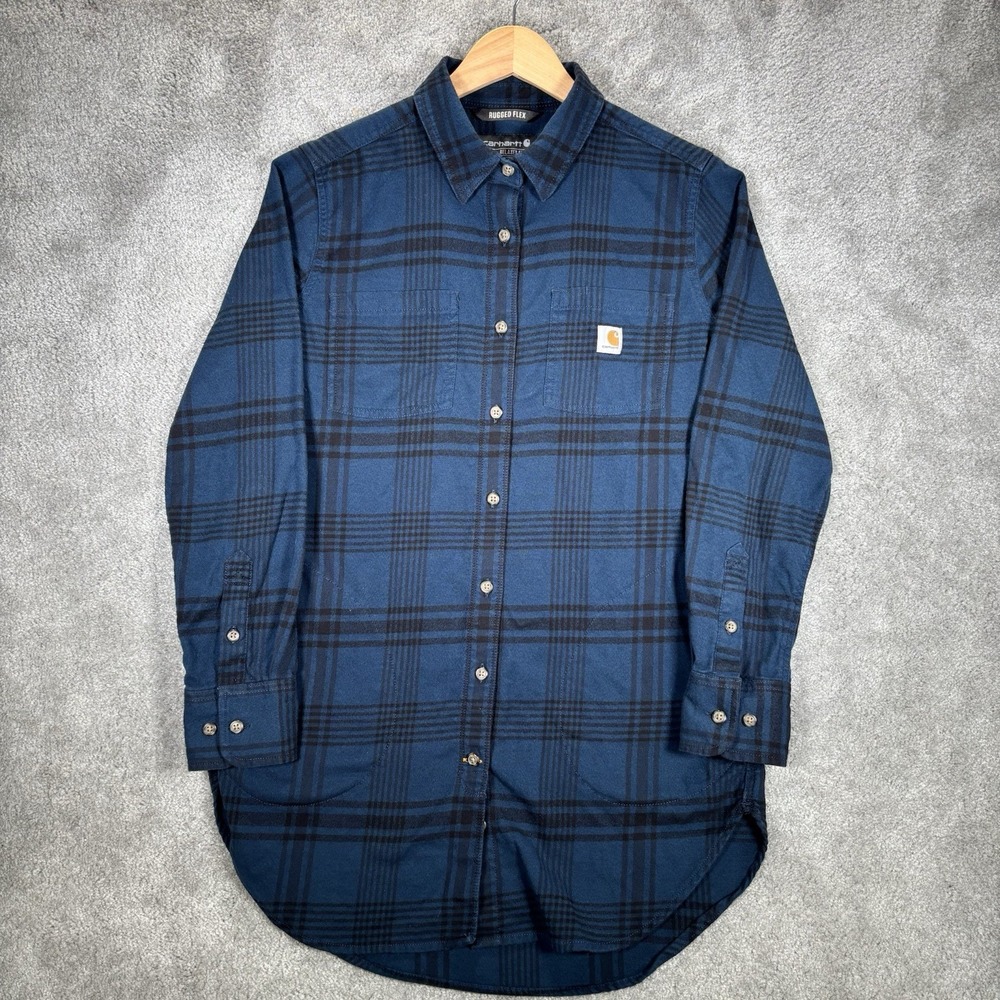 Carhartt Flannel Shirt Womens M Blue Plaid Rugged Flex Relaxed Fit Midweight